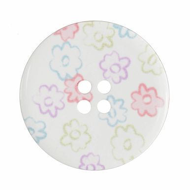 A round clear button with pastel flower outlines on it.