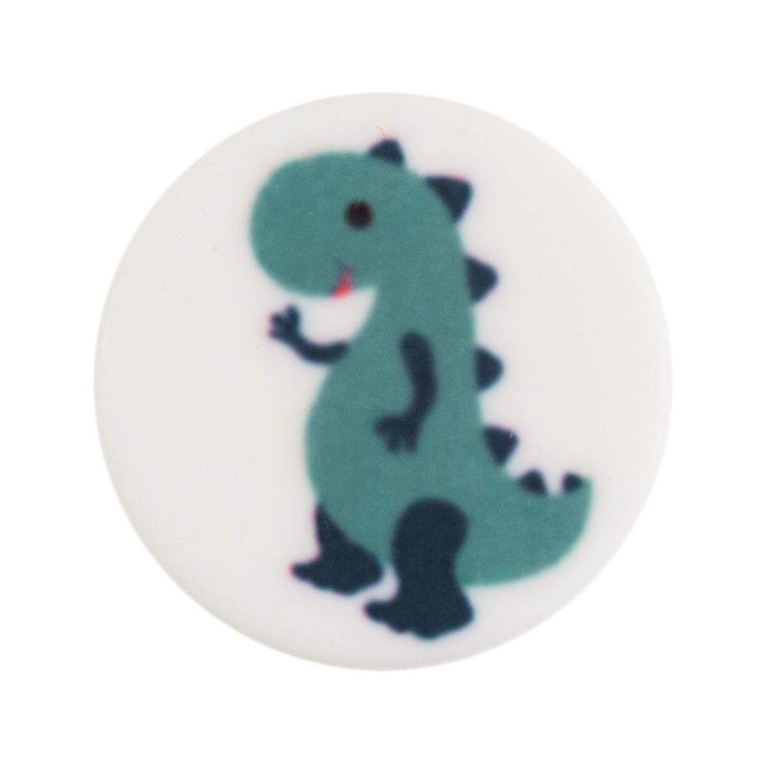 A round white button with a blue cartoon dinosaur design on it.