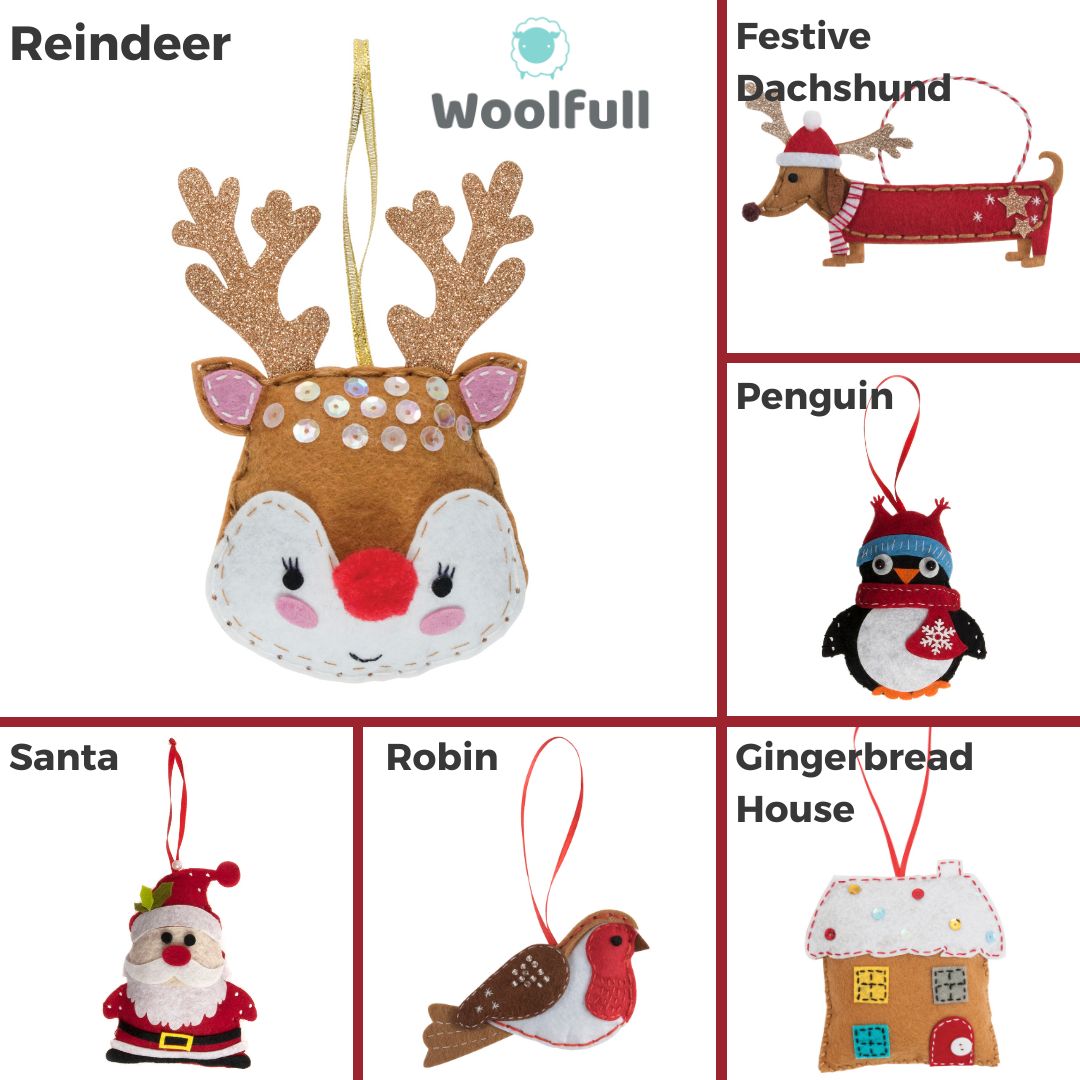 All 6 of the kits available, a reindeer, a dachshund, a santa, a penguin, a robin and a gingerbread house.
