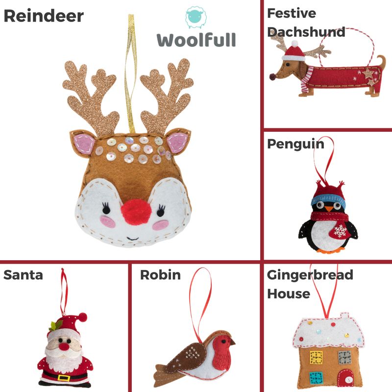 All 6 of the kits available, a reindeer, a dachshund, a santa, a penguin, a robin and a gingerbread house.
