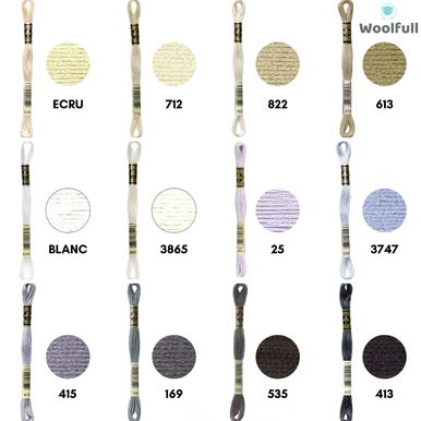 A shade card, showing 12 of the available colours in white, cream, beige and grey.