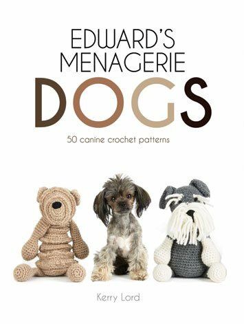 The front cover of the book, showing a real dog between 2 crocheted dogs.