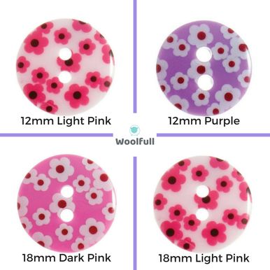 4 floral design buttons in shades of light pink, dark pink and purple.