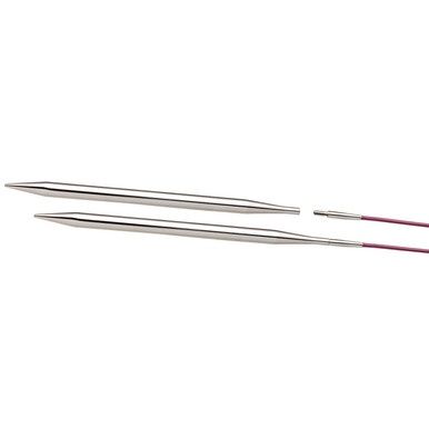 A pair of metal interchangeable knitting needles.