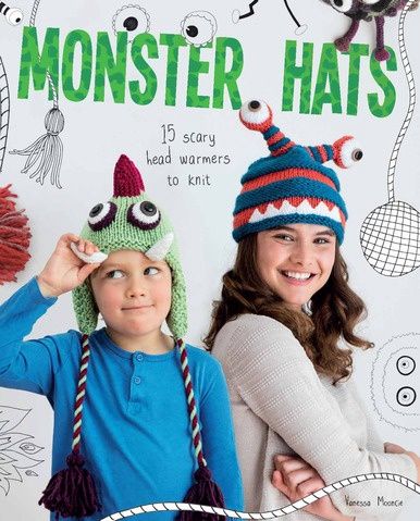The front cover of the book, showing 2 people wearing monster design knitted hats.