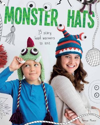 The front cover of the book, showing 2 people wearing monster design knitted hats.