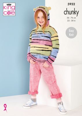 A girl is wearing a variegated knitted hoodie in shades of yellow, pink, blue and green with random thin black stripes throughout.