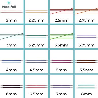 Every size of needles, each a different colour with the size written next to them.