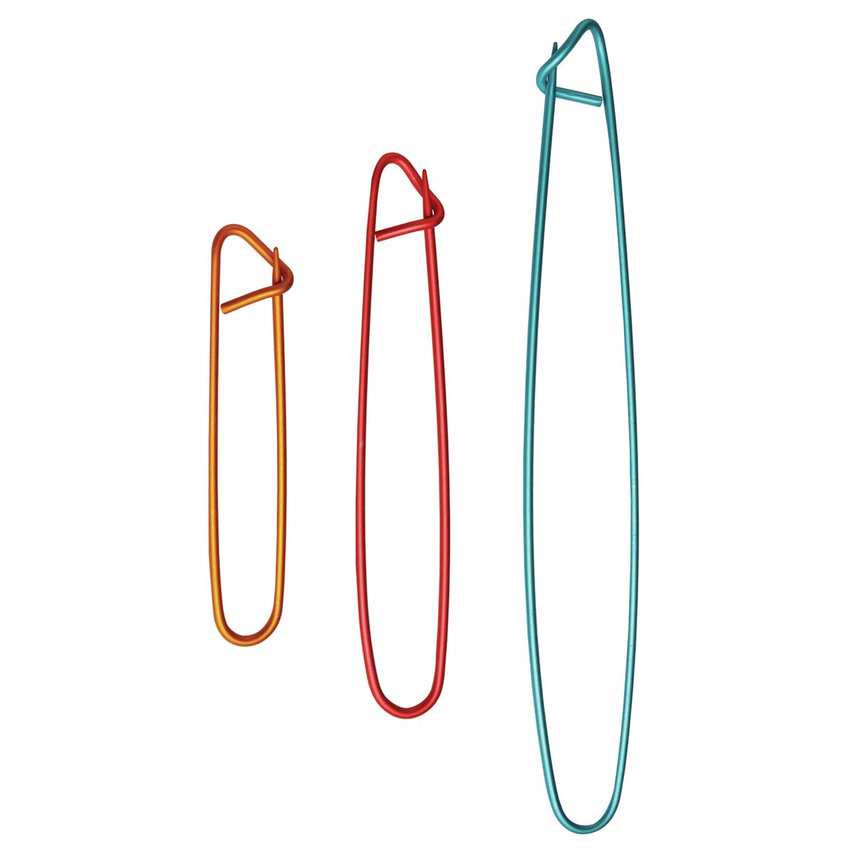 3 metal stitch holders. A small gold, a medium red and a large blue.