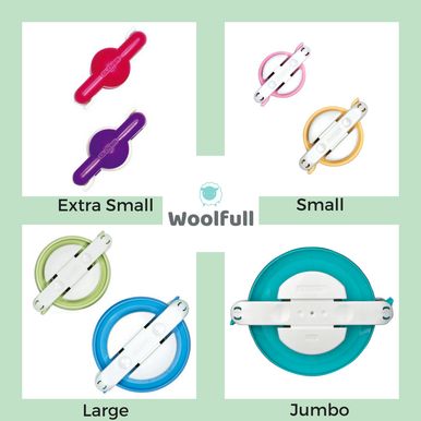 A photo showing all 4 available sizes of pompom maker.