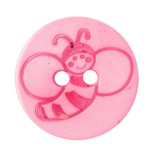 A round pink button with a bumblebee design on it.