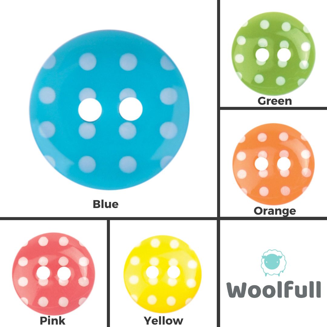 A shade card showing the 5 available colours of round spotty buttons.