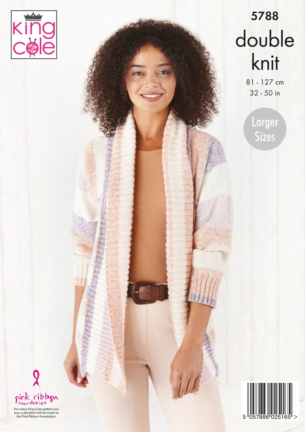 A woman is wearing a knitted cardigan in pink, purple and cream stripes.
