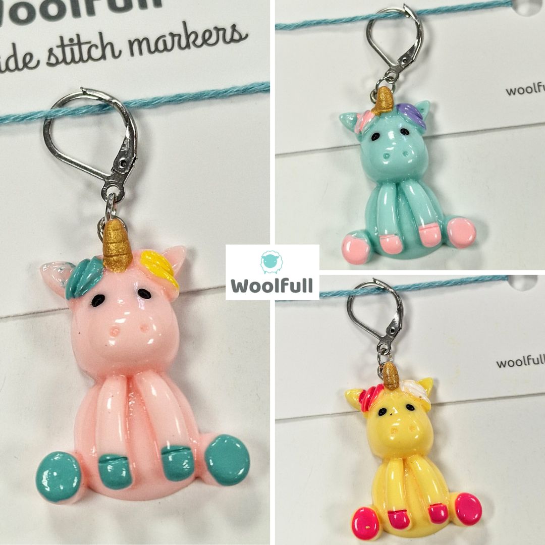 A shade card showing the 3 colours of unicorn shaped stitch markers.