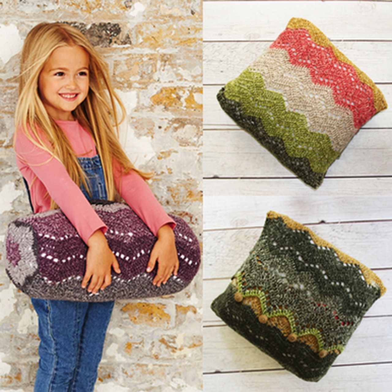 3 crocheted cushions in variegated yarns.