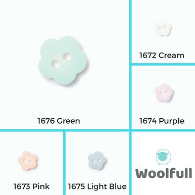 5 pastel flower shaped buttons in green, cream, purple, pink and blue.