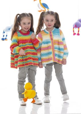 A girl is wearing a knitted sweater in a variegated rainbow yarn, next to a girl wearing a knitted cardigan in a variegated pastel rainbow yarn.