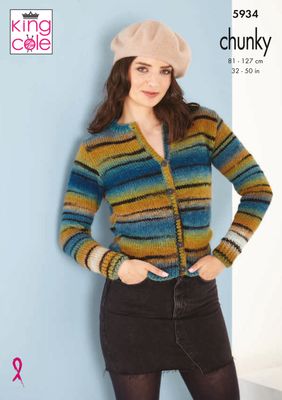 A woman is wearing a variegated knitted cardigan in shades of teal and mustard with random thin black stripes throughout.