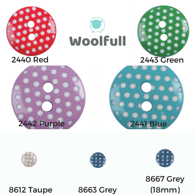 7 spotty buttons in shades of red, green, purple, blue, taupe and grey.