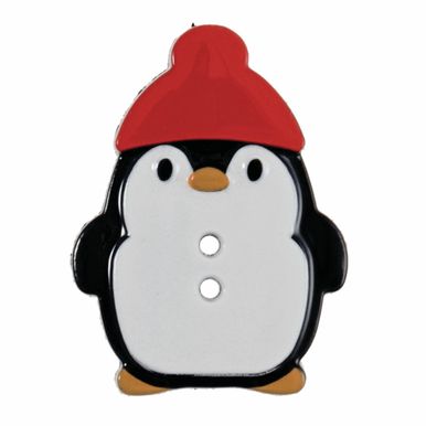 A black and white penguin shaped button wearing a red hat.