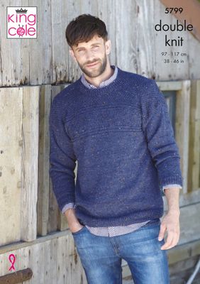 A man is wearing a navy blue knitted sweater.