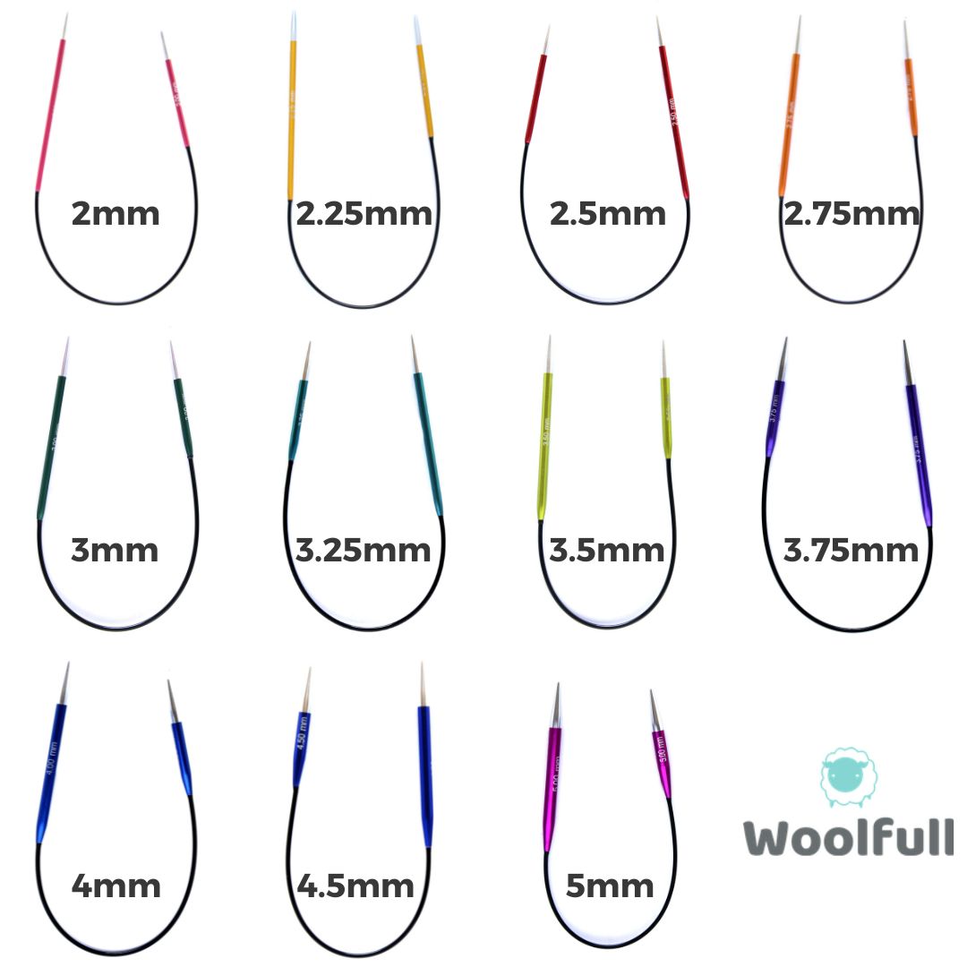 An image showing all 11 available sizes of needles. Each size is a different colour and has the size written next to it. The Woolfull logo is in the bottom right corner.