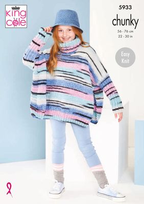 A girl is wearing a variegated knitted hoodie in shades of cream, pink, light blue and dark blue with random thin black stripes throughout.