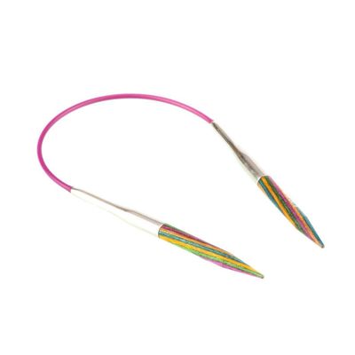 A pair of short circular needles with wooden tips and a purple cable.