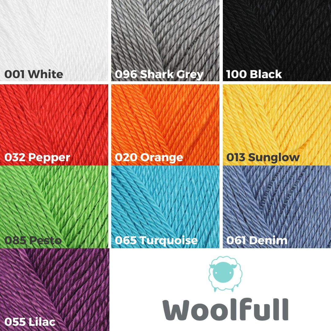 A shade card showing the 10 shades available with the Woolfull logo in the bottom right corner.