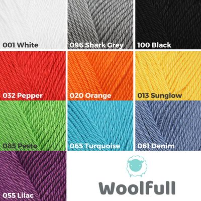A shade card showing the 10 shades available with the Woolfull logo in the bottom right corner.