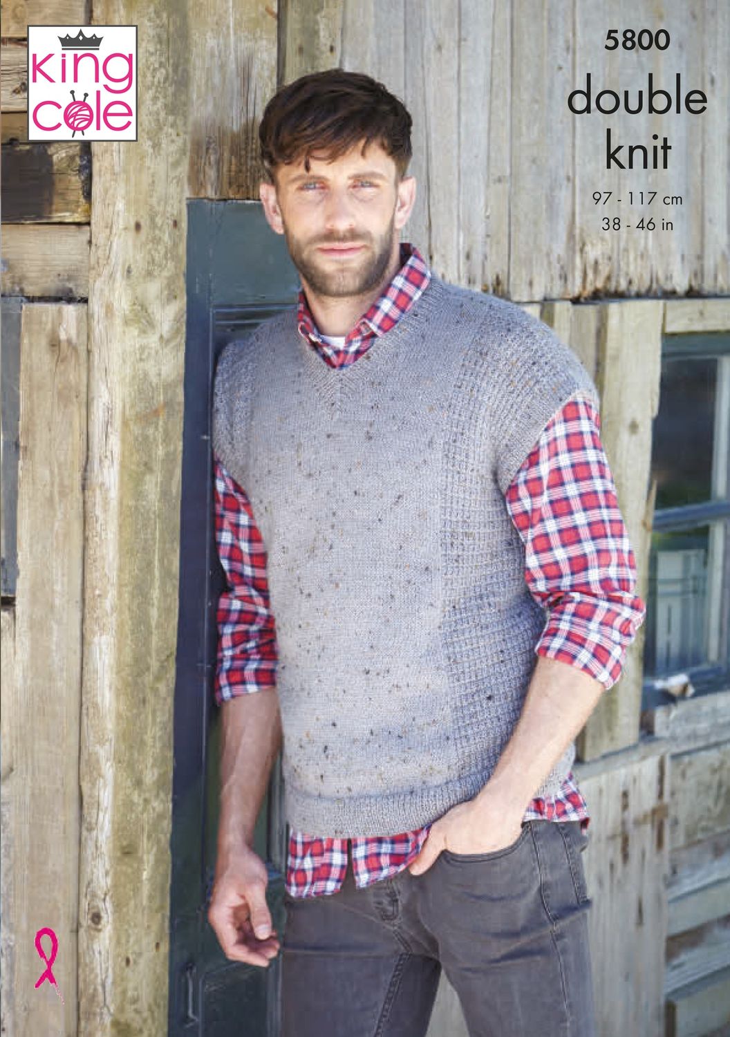A man is wearing a grey knitted tank top.