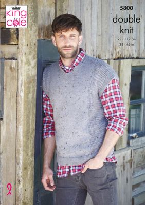 A man is wearing a grey knitted tank top.