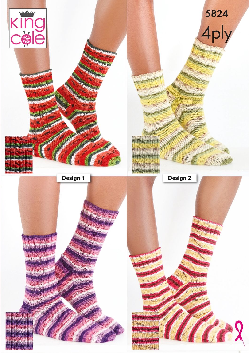 4 photos showing the sock patterns knitted in 4 different colourways.