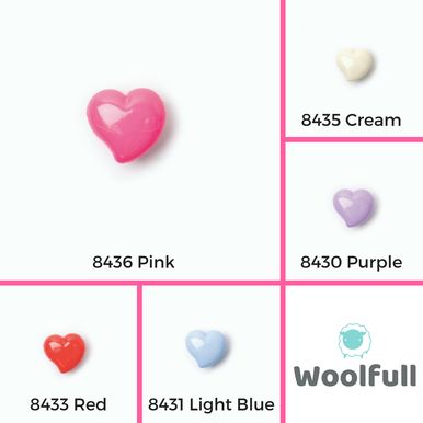 5 heart shaped buttons in pink, cream, purple, red and blue.