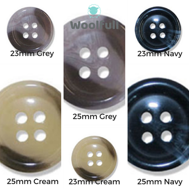 2 grey buttons, 2 cream buttons and 2 navy buttons.