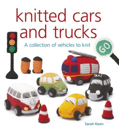 The front cover of the book, showing several knitted vehicles.