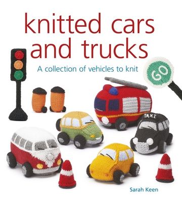 The front cover of the book, showing several knitted vehicles.