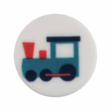 A round white button with a blue and red train on it.