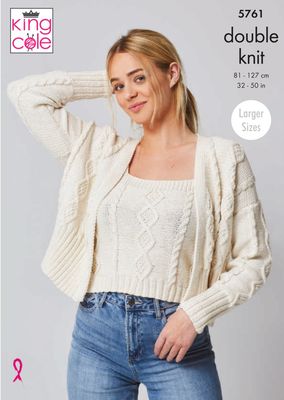 A woman is wearing a cream cable knit top and matching cardigan.