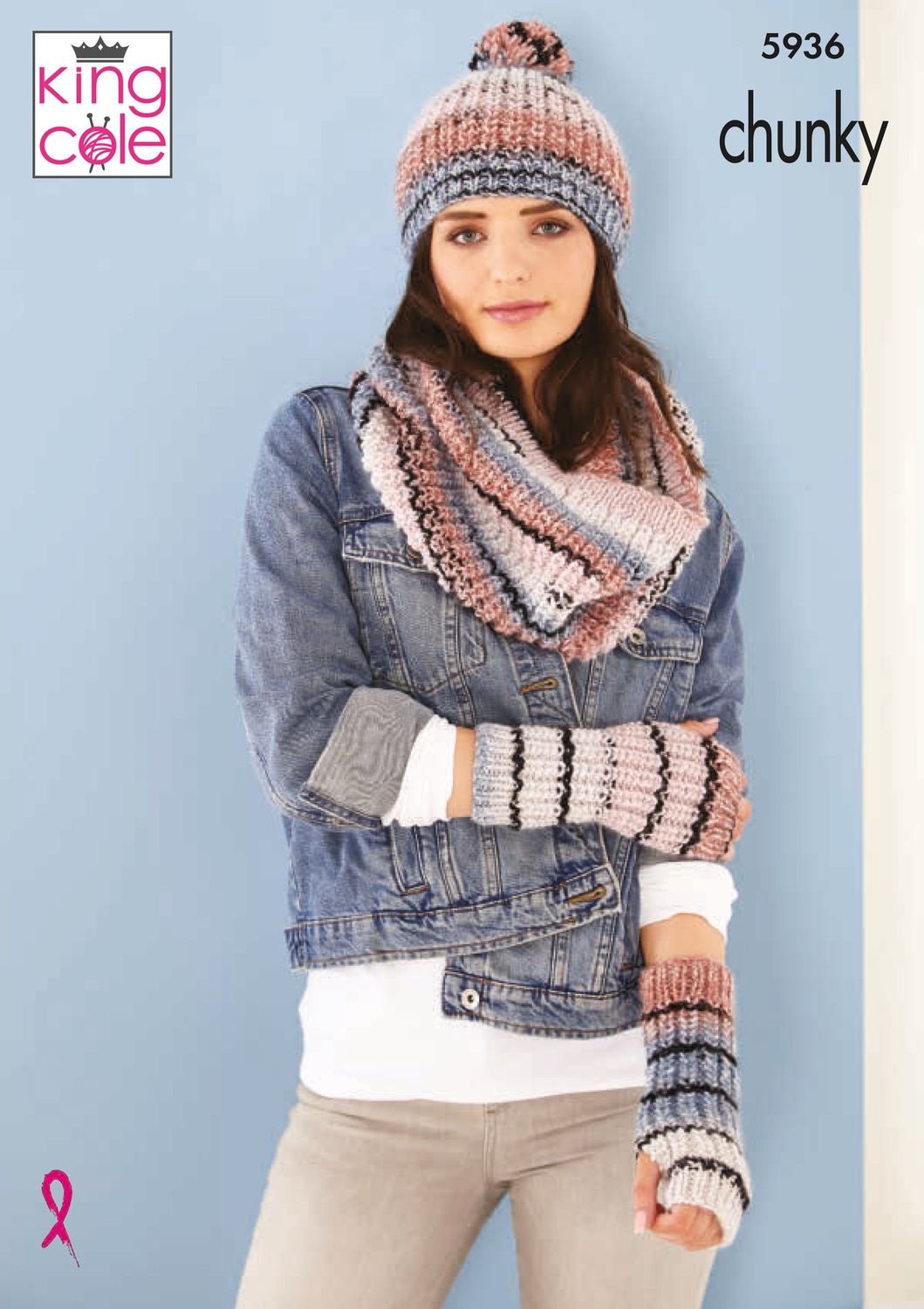 A woman is wearing a variegated knitted hat, cowl and wristwarmers in shades of cream, blue and pink with random thin black stripes throughout.