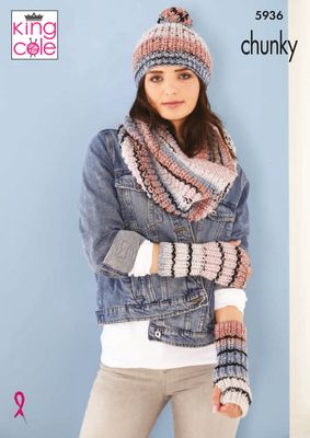 A woman is wearing a variegated knitted hat, cowl and wristwarmers in shades of cream, blue and pink with random thin black stripes throughout.
