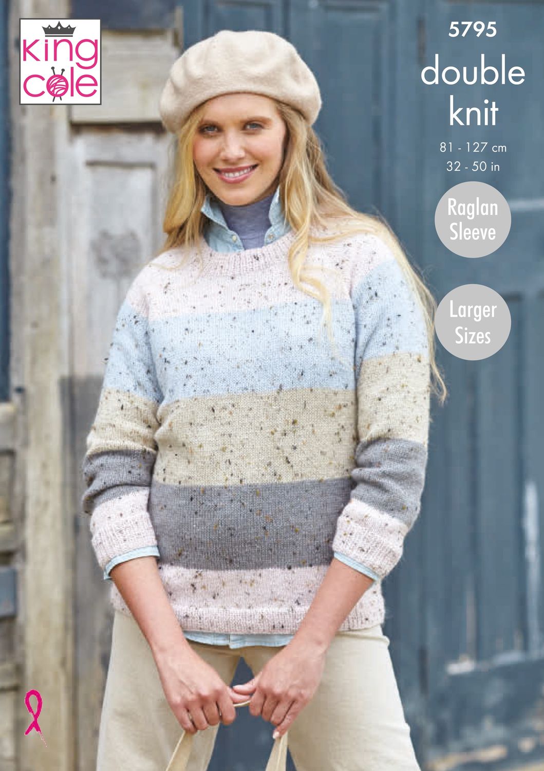 A woman is wearing a pink, blue, beige and grey striped knitted sweater.
