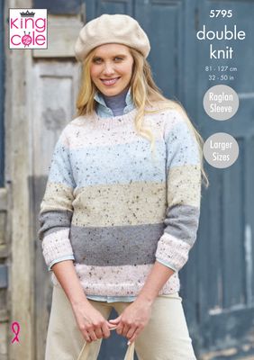 A woman is wearing a pink, blue, beige and grey striped knitted sweater.