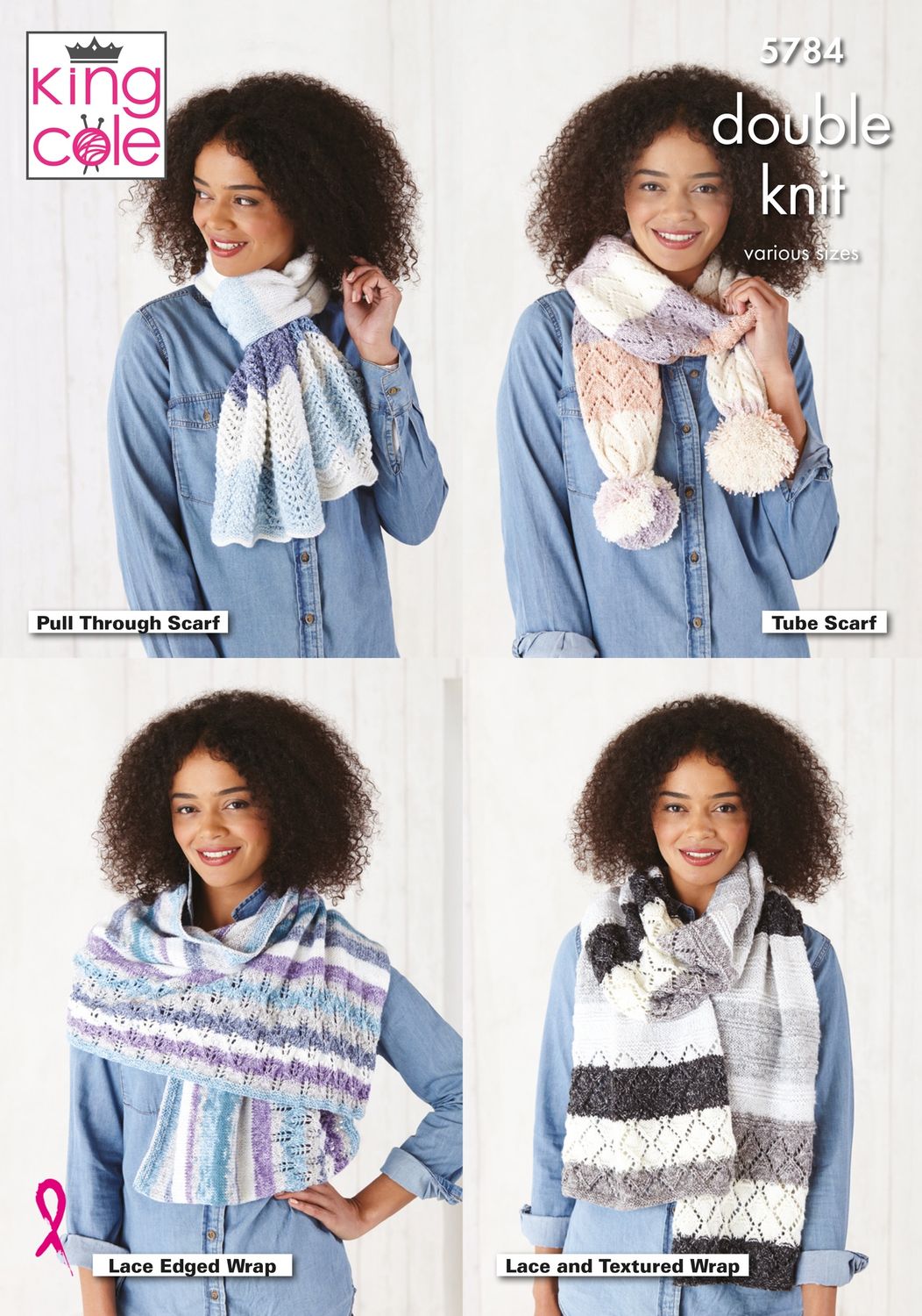 4 images of a woman wearing different knitted shawls.
