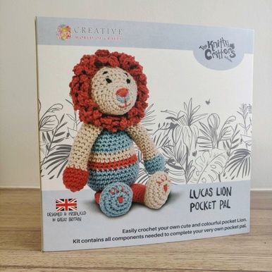 A crochet kit to make a toy lion.