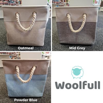 A shade card showing the 3 colours of project baskets, and the Woolfull logo in the bottom right.