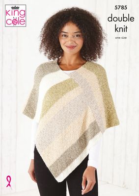 A woman is wearing a knitted poncho in green, cream and beige stripes.
