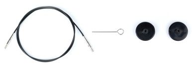 A black interchangeable cable with silver tips and a silver key.