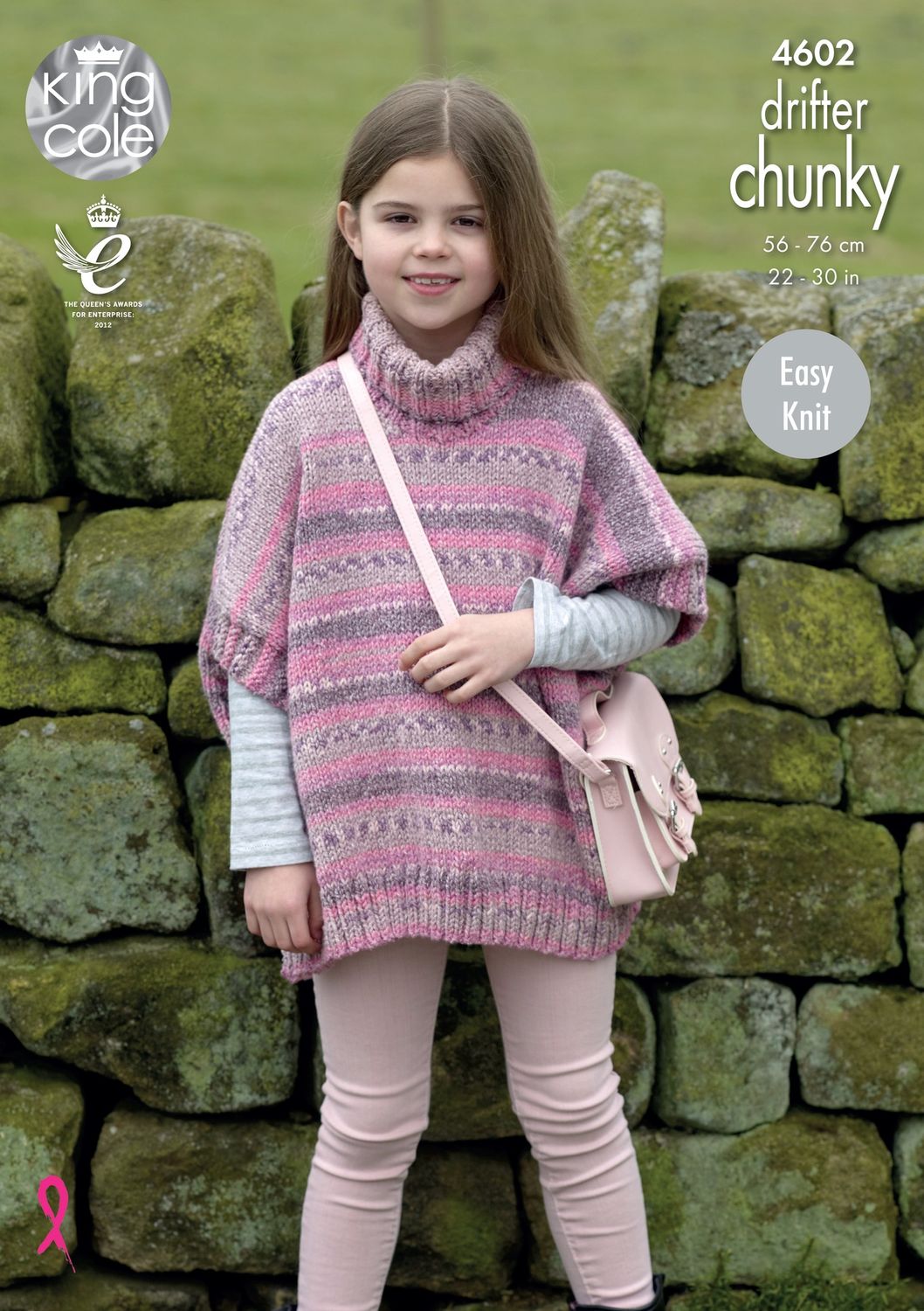 A girl is wearing a knitted poncho in a variegated pink yarn.