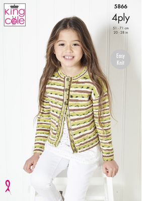 A girl is wearing a cardigan in shades of cream, brown and light green.